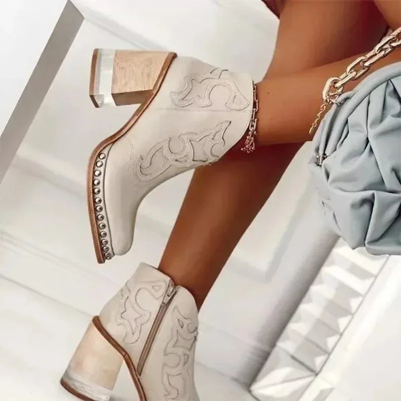 Female Ankle Boots Leather Women's Shoes Low Heel Cool British Embroidered Design Soft Short Boots Party Ladies Footwear PU 024